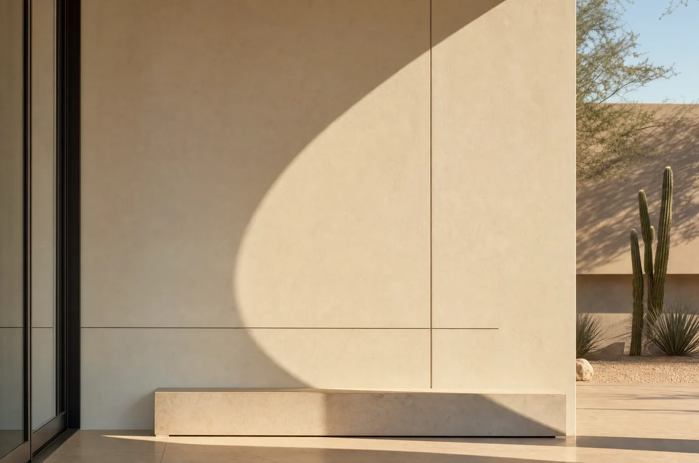 Warm morning light casting geometric shadows across a modern Scottsdale desert home