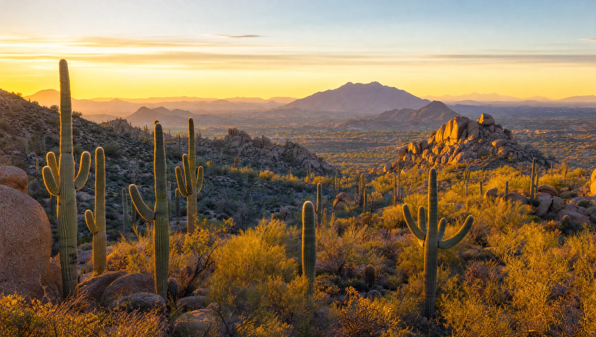 Golden-hour Sonoran desert view with saguaros and mountains near Scottsdale, Arizona